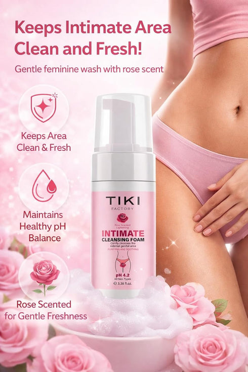 Tiki Factory 100ml Intimate Cleansing Foam Gentle Feminine Wash for Sensitive Skin, pH Balanced Daily Hygiene Cleanser
