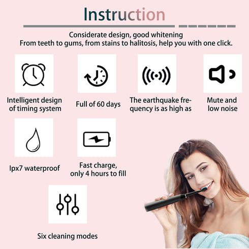 Sonic Electric Toothbrush for Adults and Kids, Low Noise with 6 Modes and 4 Replacement Brush Heads