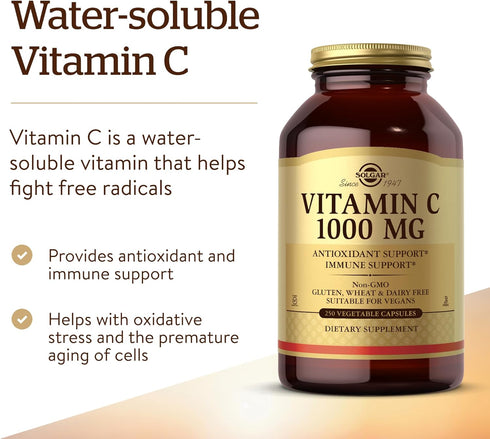 Solgar Vitamin C 1000 mg, 250 Vegetable Capsules - Antioxidant & Immune Support for Overall Health & Healthy Skin
