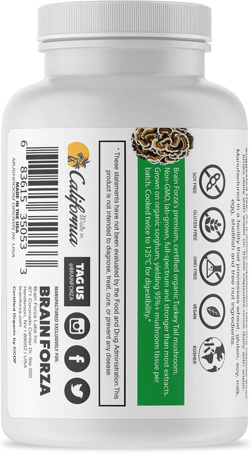 Brain Forza Organic Turkey Tail Mushroom Capsules, 90 Capsules, Immune Support