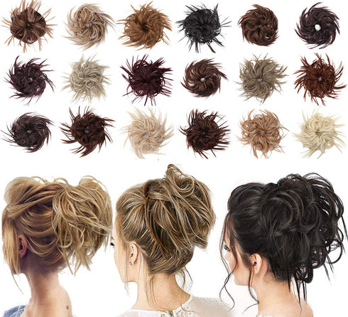 Tousled Updo Messy Bun Hair Piece, Synthetic Wavy Extension Ponytail with Elastic Rubber Band for Women-33#