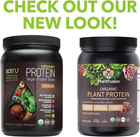 SOTRU Organic Vegan Protein Powder - Plant Based with Green Superfoods, Chocolate 18.5 oz, 21 Servings