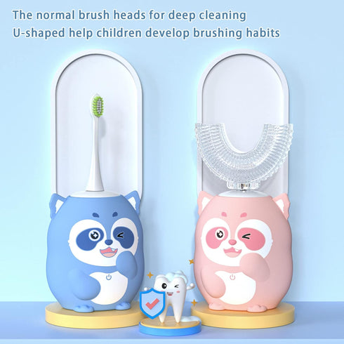 Kids Electric U Shaped Toothbrush, Cartoon Sonic Toothbrush with 4 Brush Heads, 6 Cleaning Modes, IPX7 Waterproof - Age
