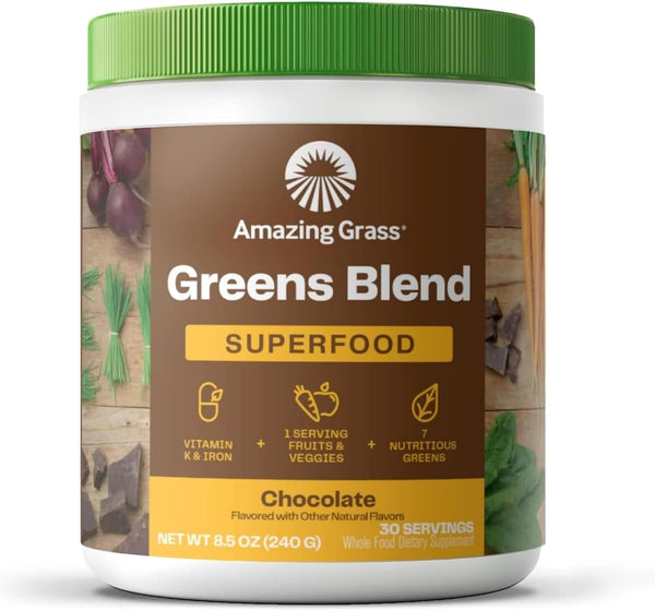 Amazing Grass Greens Superfood Powder, Chocolate, 30 Servings: Digestive Enzymes, Probiotics, Spirulina & Chlorella