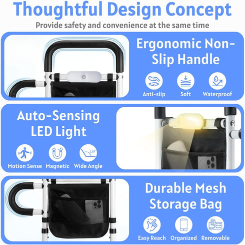 Jesosia Rails for Elderly Adults Safety - Medical Assist Rail with Motion Sensor LED Light & Pouch - Adjustable Cane