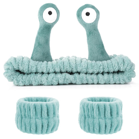 Spa Headband and Wristband Set, Snail Coral Fleece Hair Band for Washing Face, Cute Hair Accessories (Green).