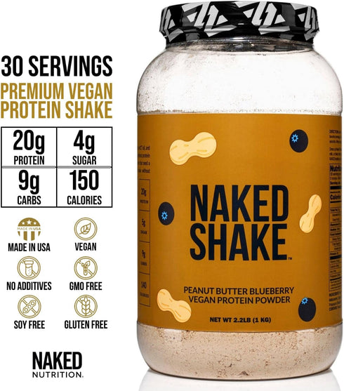 Naked Shake - Peanut Butter Blueberry Protein Powder, Plant Based with MCT Oil, Gluten-Free, 30 Servings