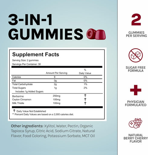 Berberine Gummies with Berberine HCL, Ceylon Cinnamon & Milk Thistle for Immune and Metabolism Support - Berry Cherry