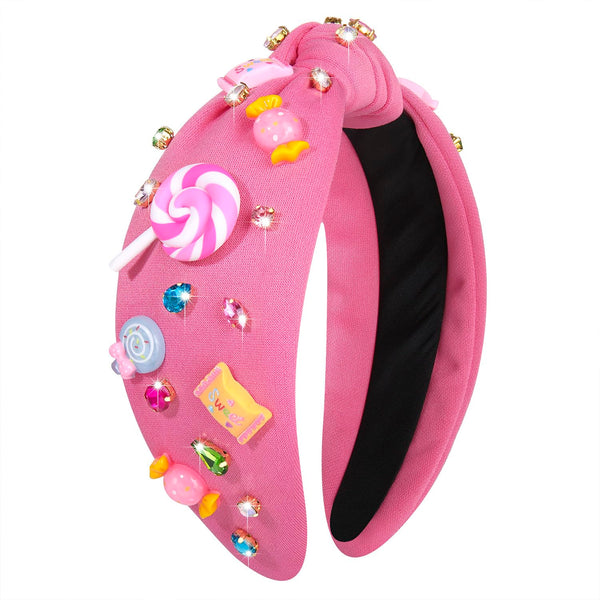 Knotted Headband for Women - Lollipop Candy Charms Crystal Jeweled Top Knot Hairband, Funny Gifts for Girls