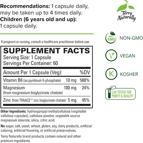 Terry Naturally BioActive Magnesium Complex - 60 Capsules - with Vitamin B6 & Zinc - Non-GMO, Vegan, Gluten Free, Kosher - 60 Servings