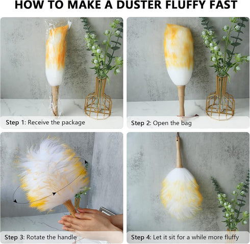 Lambswool Duster 14'' Length, Solid Wooden Handle for Cleaning Ceiling Fans, Window Blinds, Natural Feather Duster, Pink