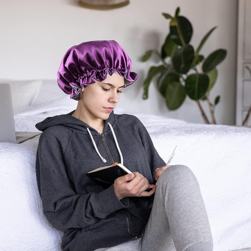 Satin Bonnet for Women, Large Adjustable Night Cap for Long Curly Hair, Double Layer Purple/Blue