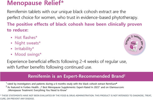 Remifemin Menopause Supplements - 60 Tablets for Symptoms Relief - Estrogen-Free, Black Cohosh, Made in Germany