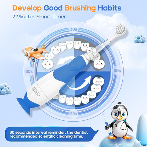 SEAGO Toddler Electric Toothbrushes, Ages 0-3 Years, with Smart Timer, 4 Replacement Brushheads