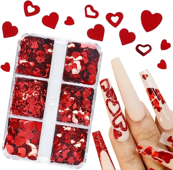 6 Grids Heart Nail Sequins 3D Holographic Nail Glitter Flakes for Valentine's Day Nail Decals for Women