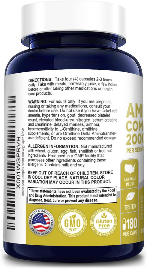 NusaPure Amino Acid Complex Blend - 2000 mg-180 Caps (Non-GMO, Gluten-Free)
