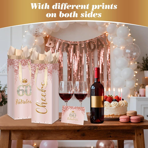 Yoirrat 60th 60 60 Birthday Wine Gift Bag for Women with Tissue Paper Card Rose Gold & Fabulous Decorations Large