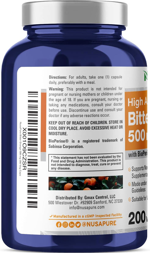 NusaPure Bitter Orange 500mg 200 Veggie Caps - Vegetarian, Non-GMO, Gluten Free