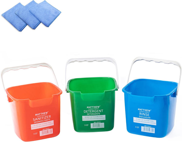 Matthew 3 Quart Red&Green&Blue Cleaning Bucket Set of 3, Built-In Spout w/Handle, Includes 3 Microfiber Cloths
