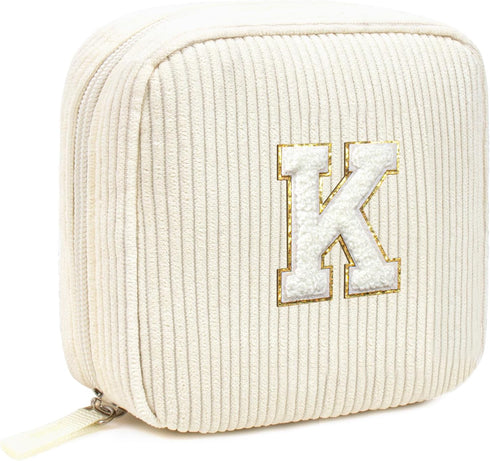 Cute Monogram Personalized Initial Makeup Bag, Cosmetic Pouch for Women, Birthday Gifts for Her, Letter K, Beige