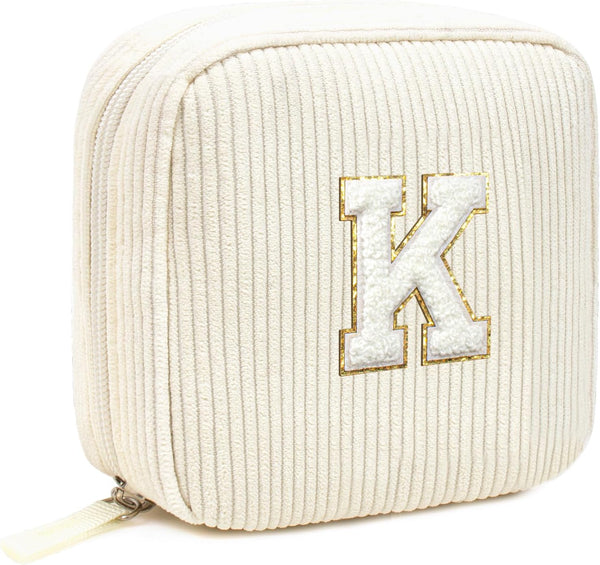 Cute Monogram Personalized Initial Makeup Bag, Cosmetic Pouch for Women, Birthday Gifts for Her, Letter K, Beige