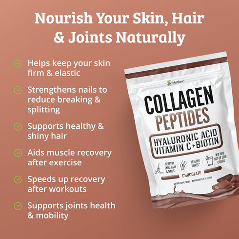 Chocolate Collagen Powder with Hyaluronic Acid and Vitamin C - Collagen Peptides for Hair, Skin, Nails, Joint, Keto