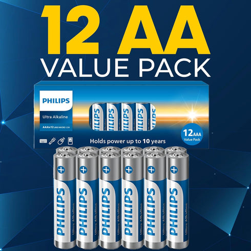 Philips 12 Pack, 1.5v 10-Year 129% AAA Batteries Ultra Alkaline Triple A. Batteries, Shelf Life, Ultimate Long-Lasting