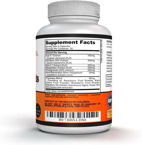 Super Antioxidant Supplement - Goji Berry Capsules, Acai Berry Capsules, Mangosteen Capsules, Resveratrol, Pomegranate & Noni Capsules - 60 Capsules