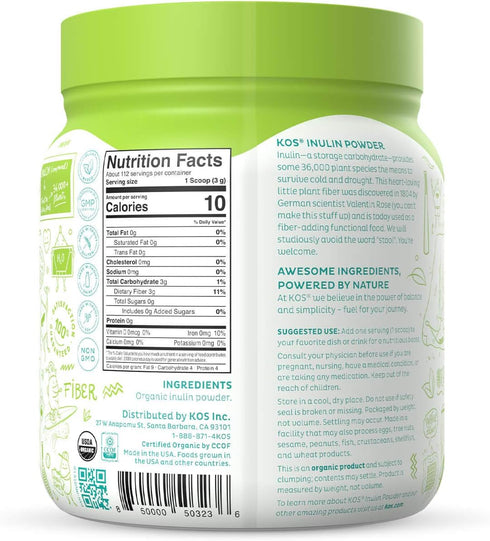 KOS Organic Inulin Powder, Unflavored & Unsweetened Superfood - 112 Servings Bag, Vegan, Non-GMO, Gluten-Free,