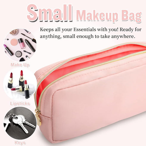 Nylon Small Makeup Bag for Purse, Cute Preppy Pink Cosmetic Zipper Pouch, Waterproof