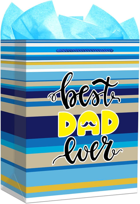 FaCraft Father's Day Gift Bag - 13" Large Happy Father's Day Paper Bag with Tissue Paper for Dad, Stepdad, Grandfather