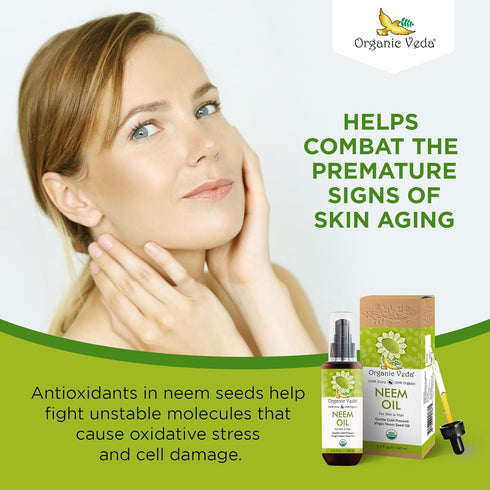 Organic Veda Neem Oil - Pure, Cold Pressed Neem Oil for Skin, Hair, Face, Body, Scalp - Rich in Vitamin E, 3.4 fl oz