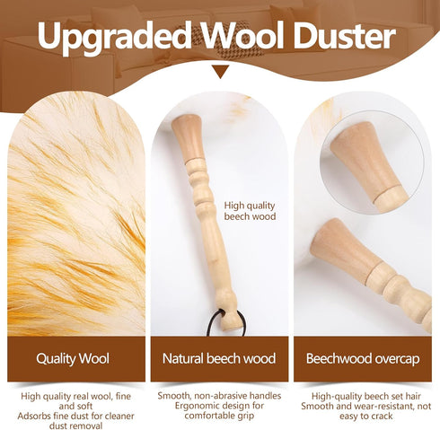 Lambswool Duster for Cleaning, 19.6 inch Natural Feather Duster with Solid Wooden Handle, Leather Hang Strap, 2 Pack