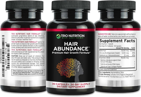 TRIO NUTRITION Biotin Hair Abundance | Hair Growth Vitamins 10000mcg | Collagen & Keratin Boosted | 30 Day Supply