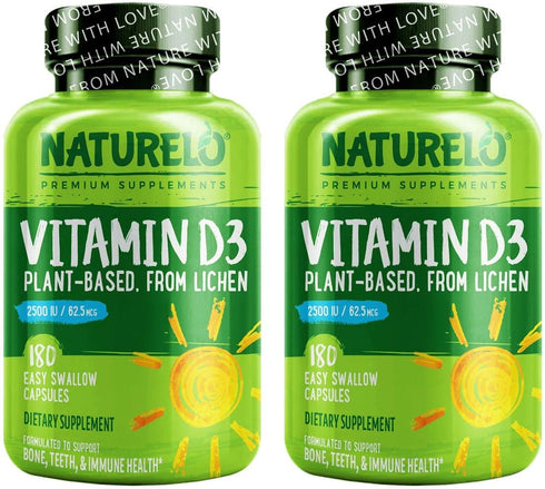 NATURELO Vitamin D3 - Lichen-Powered Immune Boost with 2500 IU for Bone Health, Vegan Gluten-Free, 180 Mini Capsules (2