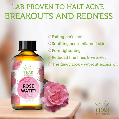 ROSE WATER TONER by Teak Naturals, 100% Organic Natural Moroccan Rosewater, Chemical Free, 4 oz