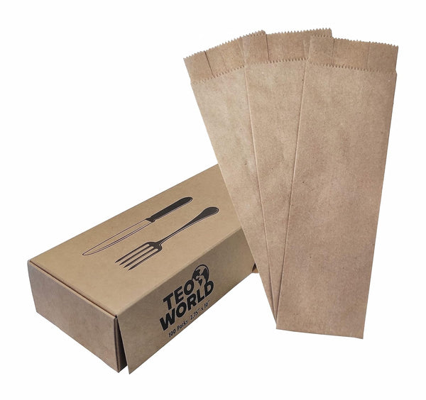 100 Pack Brown Kraft Paper Bags, 2.75 x 10 inches, Plain Bag Kitchen Cutlery Utensils Holder for Events