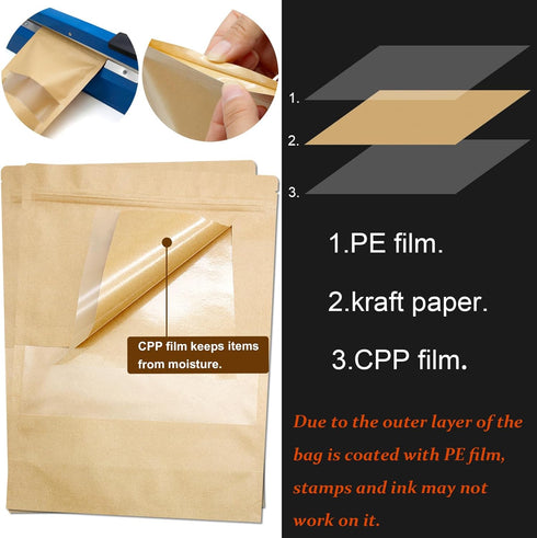 Blisstime 100 Pack Stand Up Pouch, Self-seal Kraft Paper Bags with Matte Window, Resealable Bags for Small Business
