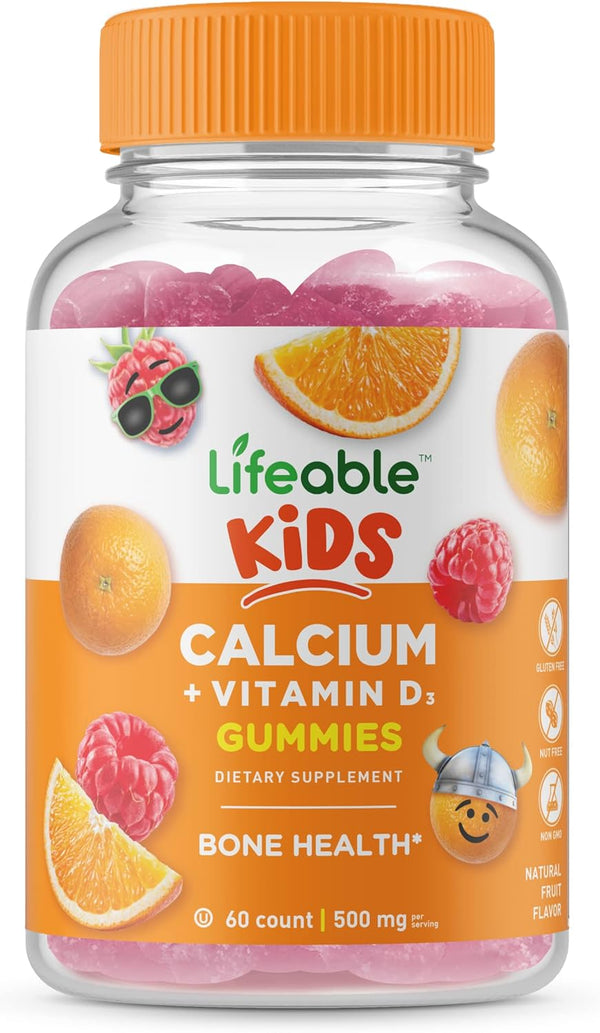 Lifeable Calcium 500 mg with Vitamin D3 1000 IU Gummies for Kids - 60 Chewable Gummies for Bone Growth