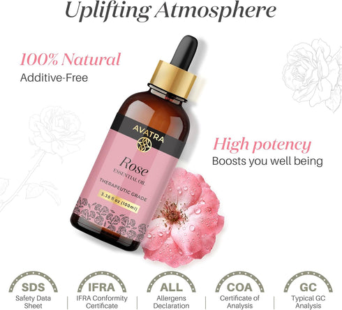 Avatra Rose Essential Oil | Pure & Natural for Diffuser, Skin, Hair & Aromatherapy, 3.38 Fl Oz