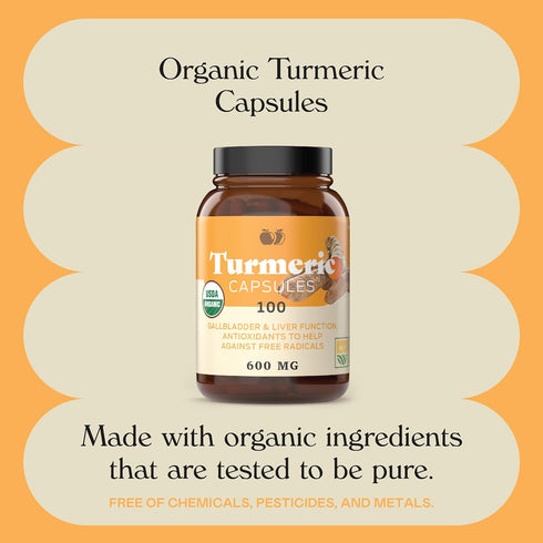 Organic Turmeric Capsules | 100 Capsules | 600mg Raw & Pure Curcumin Root Powder Supplement