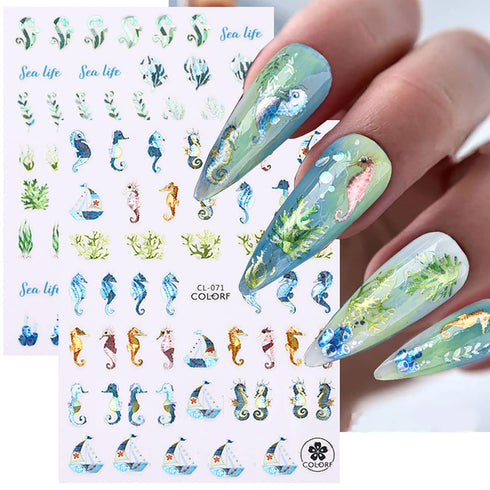 Sea Animals Nail Art Adhesive Sticker, 3D Self-Adhesive Decals, Holographic Shell Fish Jellyfish Decoration