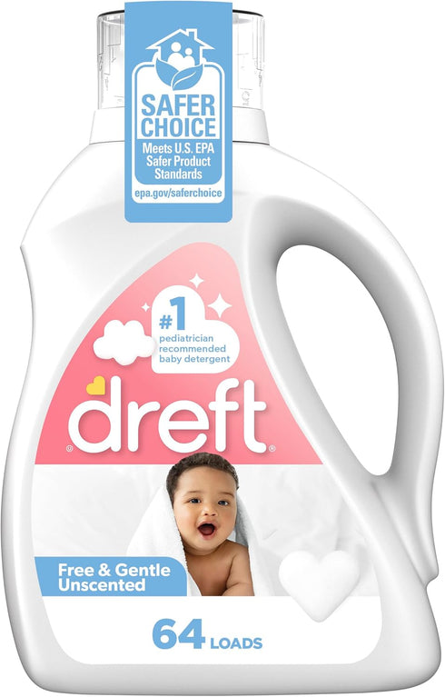 Dreft Free & Gentle Liquid Laundry Detergent, Hypoallergenic, Free of Dyes and Perfumes for Families, 64 Loads
