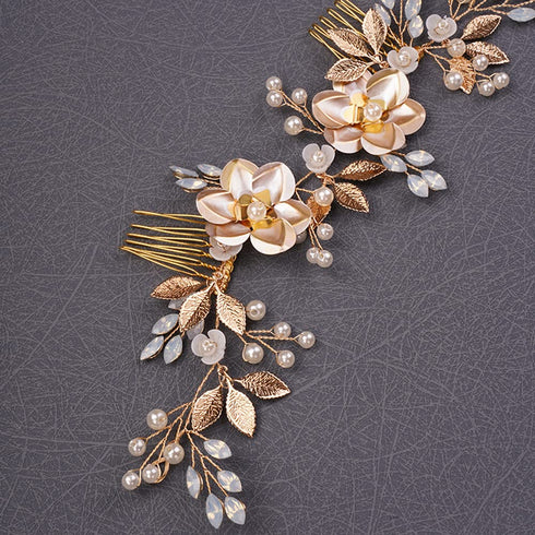 Wedding Gold Rhinestones Hair Comb, Dainty Flower Leaf Crystal Pearls Hair Comb Bridal Headband Hair Accessories for