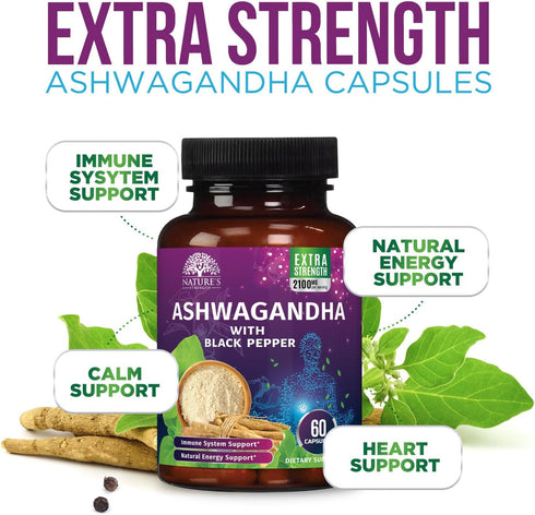 Nature's Strength 60 Ashwagandha Supplements - High-Absorption Ashwagandha Root Extract Powder with Black Pepper