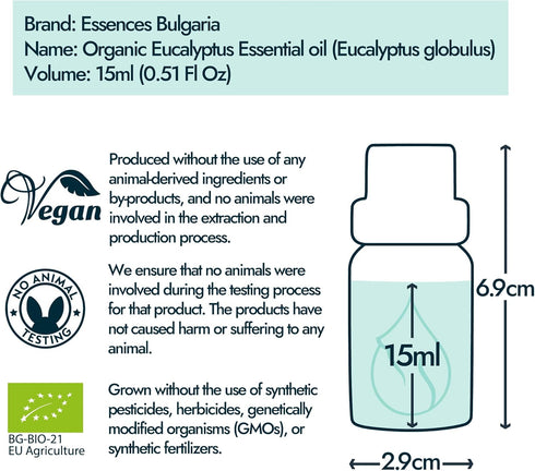 Essences Bulgaria Organic Eucalyptus Essential Oil 0.51 Fl Oz 15ml, 100% Pure Natural for Aromatherapy and Humidifier