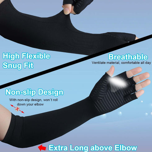Kecartu 1 Copper Long Arthritis Gloves,Long Wrist Compression Arm Sleeve Carpal Tunnel Gloves, Fingerless Hand