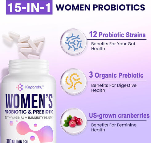 Vaginal Probiotics for Women - 300 Billion CFUs, 12 Strains with Prebiotic, Organic Cranberry Extract, 60 Capsules