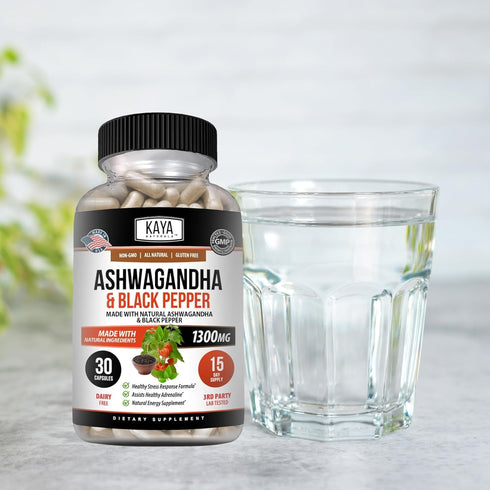 Kaya Naturals Organic Ashwagandha Root with Black Pepper - Maximum Strength 1300 mg Adaptogen Supplement