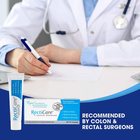 RectiCare Anorectal Lidocaine 5% Cream for Hemorrhoids & Anorectal Disorders, 30g Tube